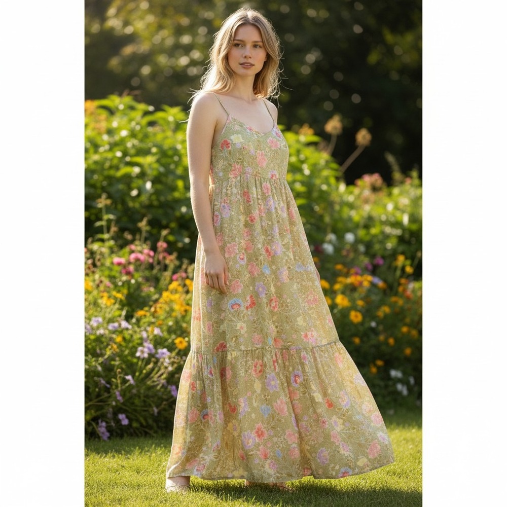 Billabong Riviera Romance Floral Maxi Dress Sage Green Tie Back ABJWD00680 M/10